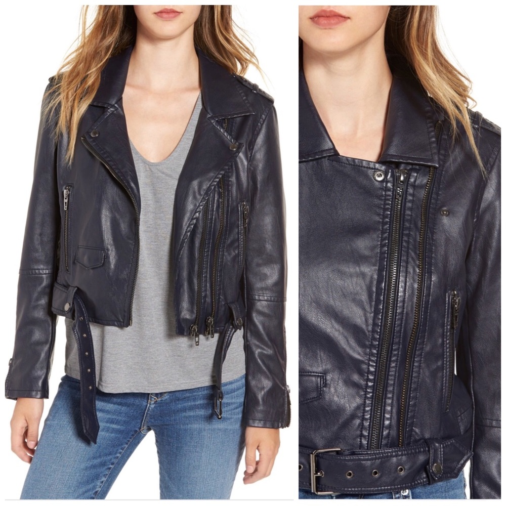 BLANKNYC Denim Faux Vegan Leather Crop Moto Jacket Blue Size Medium